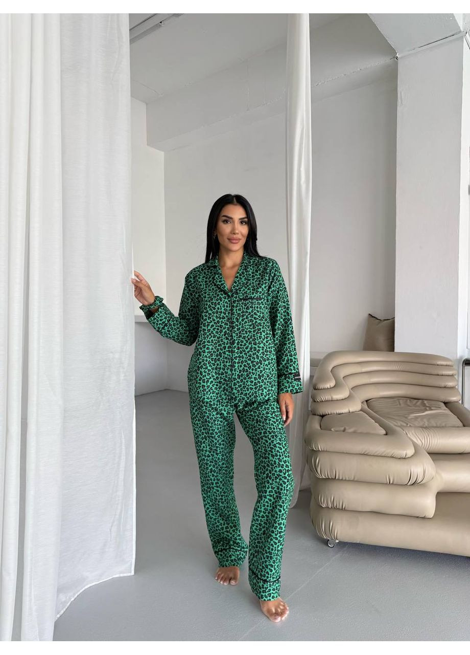 Зеленая всесезон женская пижама зелёная с леопардовым принтом рубашка + брюки Vital-Textile 1289