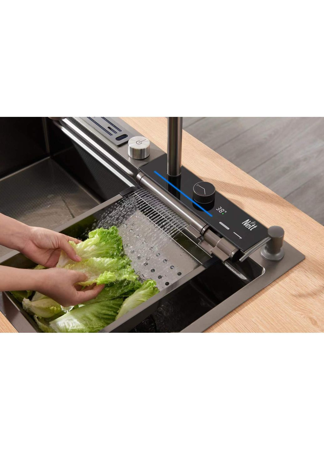 Кухонный графитовый смеситель с водопадом/выдвижной воронкой нержавеющий Nett OG-38 (352730029)