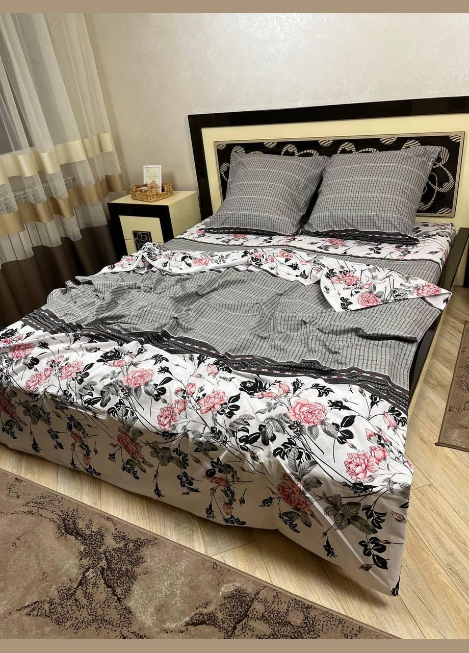 Постільна білизна бавовняна Квіти Двоспальна 180 x 220 Бязь Сірий 70 х 70 No Brand (280937806)