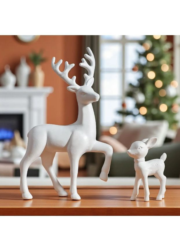 Набор новогодних фигурок оленей белый 15 см и 6 см, декоративные рождественские статуэтки для дома и интерьера No Brand (362961361)