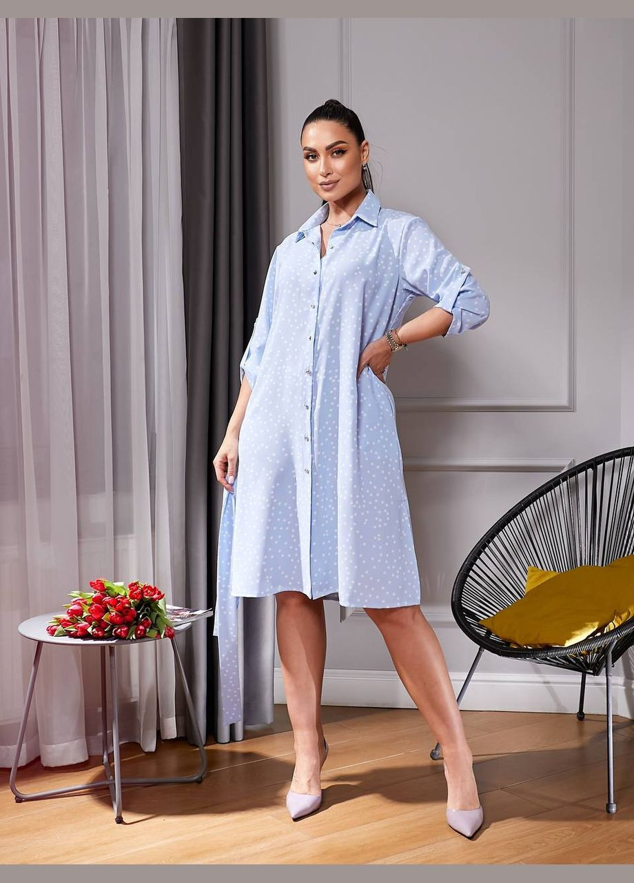 Светло-голубое праздничный, коктейльное, деловое, повседневный, кэжуал стильное платье с принтом рубашка No Brand с абстрактным узором