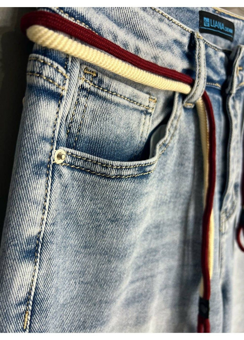 Шорты женские джинсовые Liana 4-011 бермуды широкие длина до колен пояс веревка стрейчевые голубые Lian (325812145)