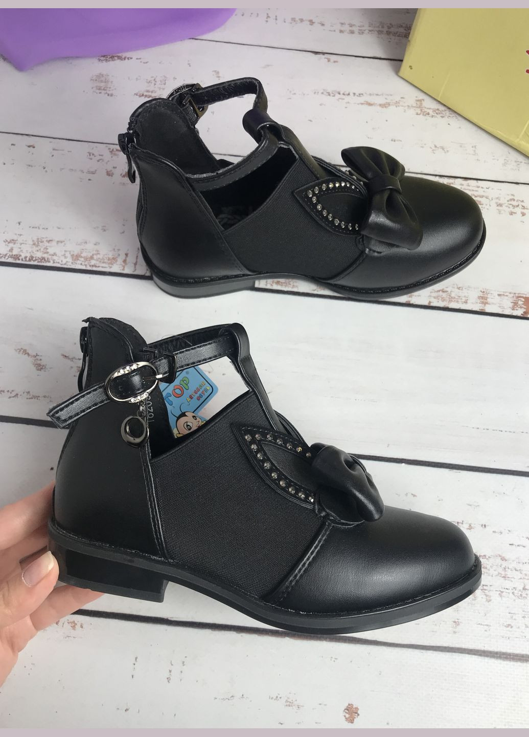 Черные туфли детские y.top для девочки черный (699) на низком каблуке Y Top