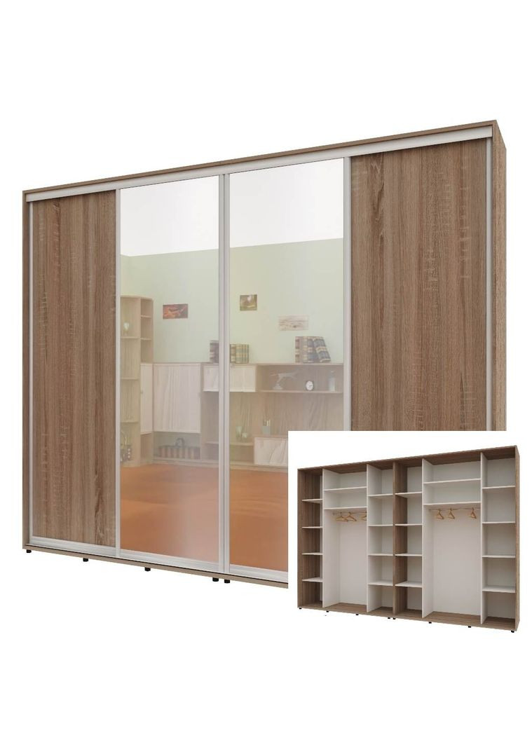 Шафа-купе чотиридверна 300*60*220 см Трюфель ДСП + Дзеркало + Дзеркало + ДСП Максі Комфорт Меблі (360464312)