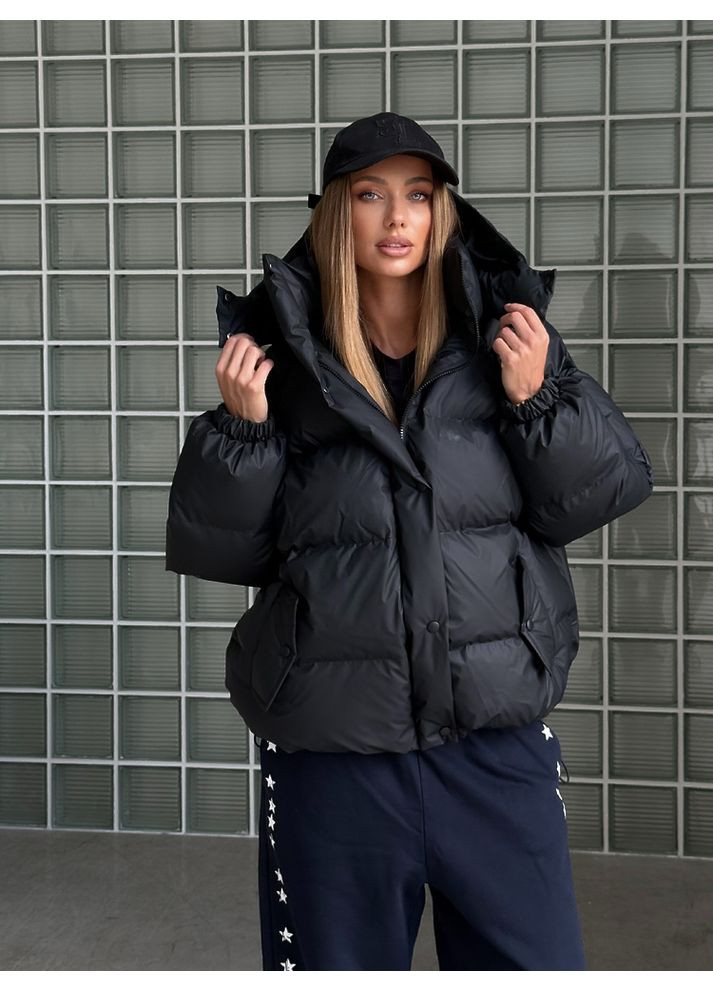 Черная зимняя женская куртка пуфер irish с карманами и съемным капюшоном (mil631) milirud