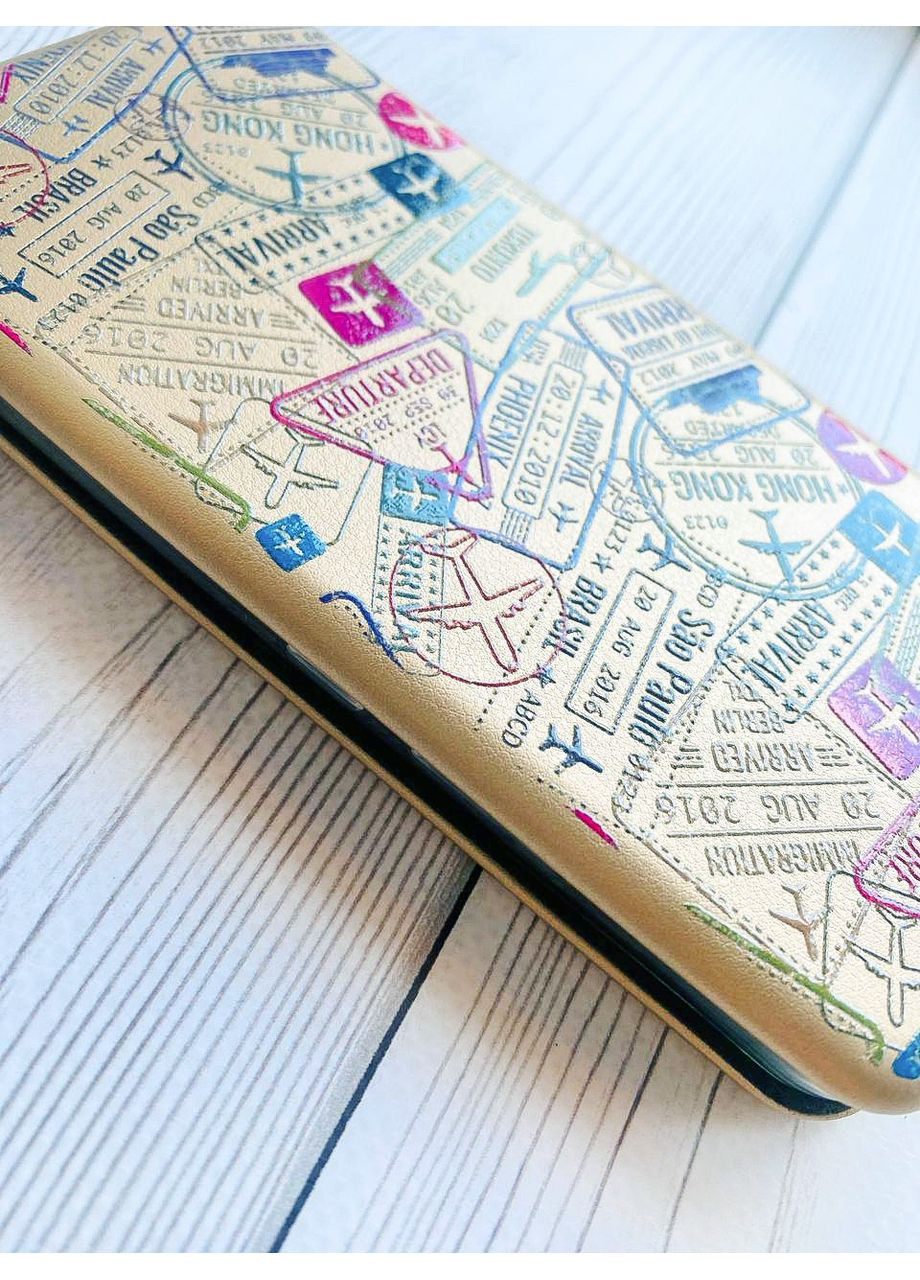 Чохол-книжка золотий з малюнком на Xiaomi Redmi Note 8 Pro Подорожі. Штампи (принт 316) G-Case (360689423)