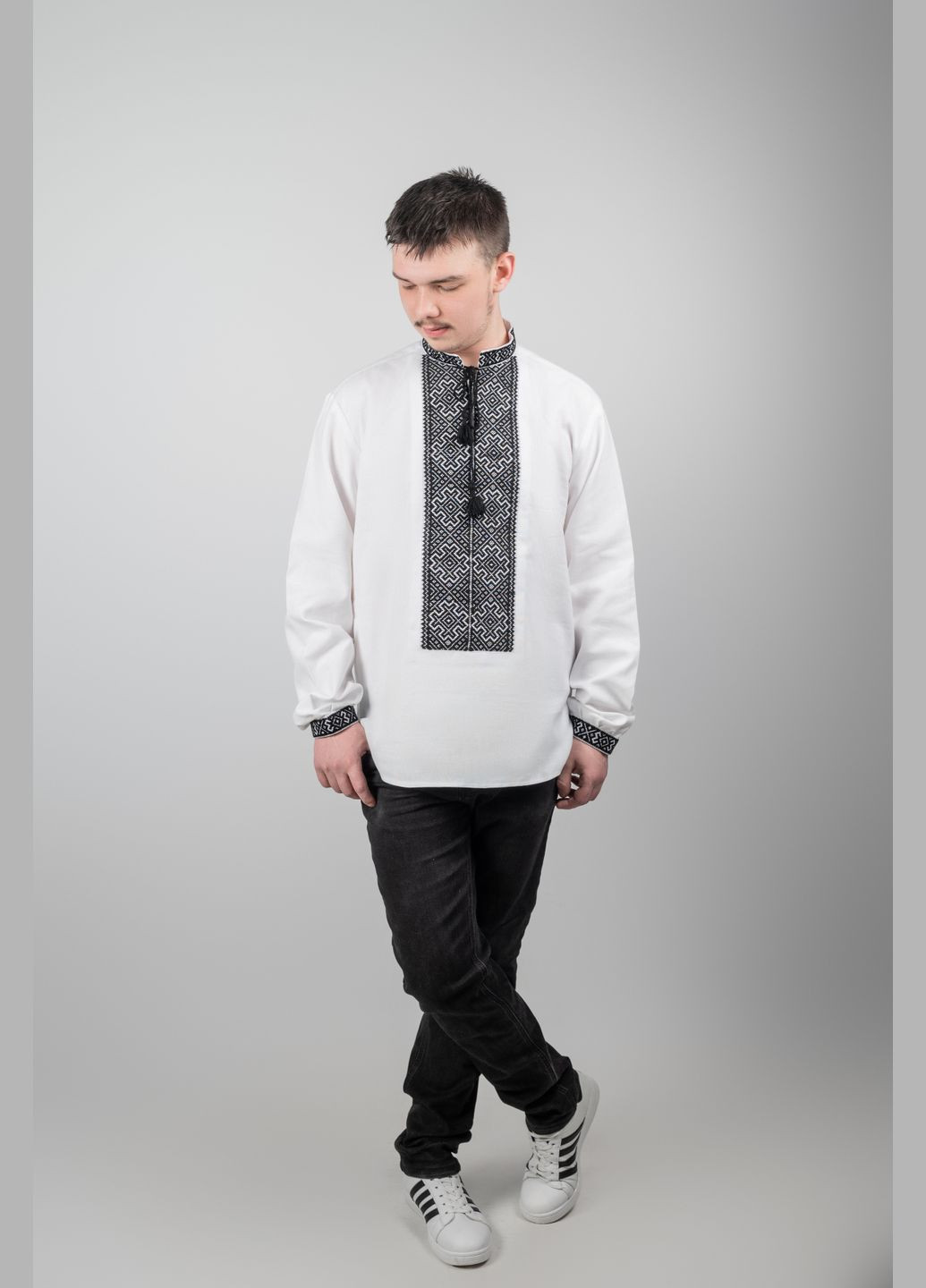 Біла чоловіча вишиванка ручної роботи на домотканому полотні (вишиті вставки) "низинка" Hand Made візерунок українська символіка пряма домоткане полотно (319867782)