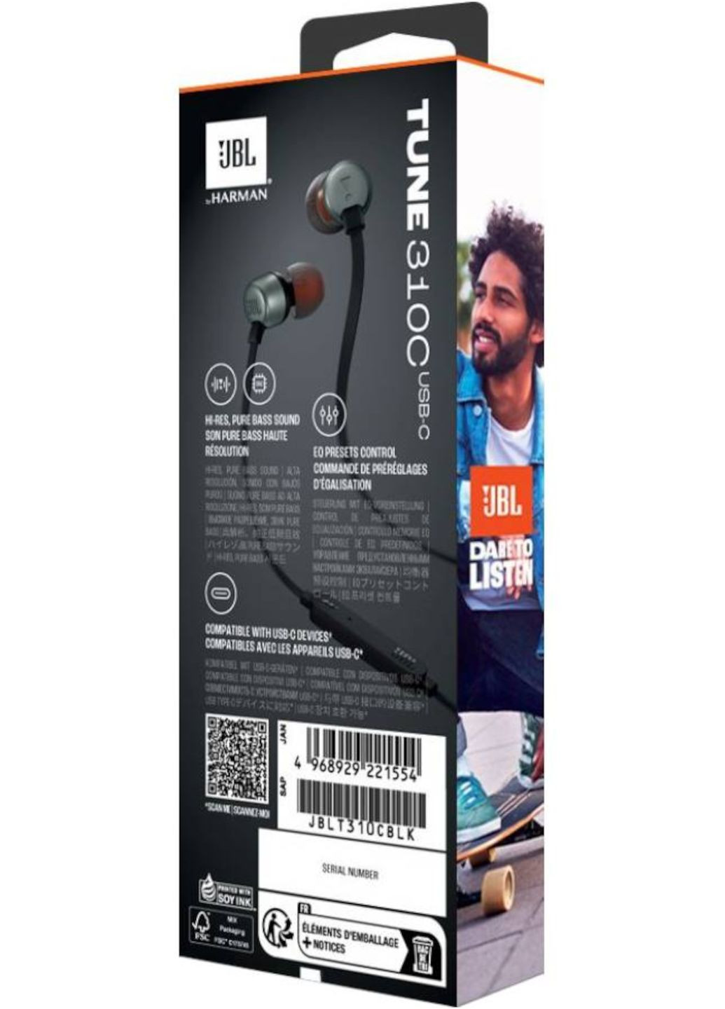 Наушники Type C, черные, проводные, с микрофоном, вакуумные/внутриканальные, кабель 1.2 м JBL T310 (355267329)