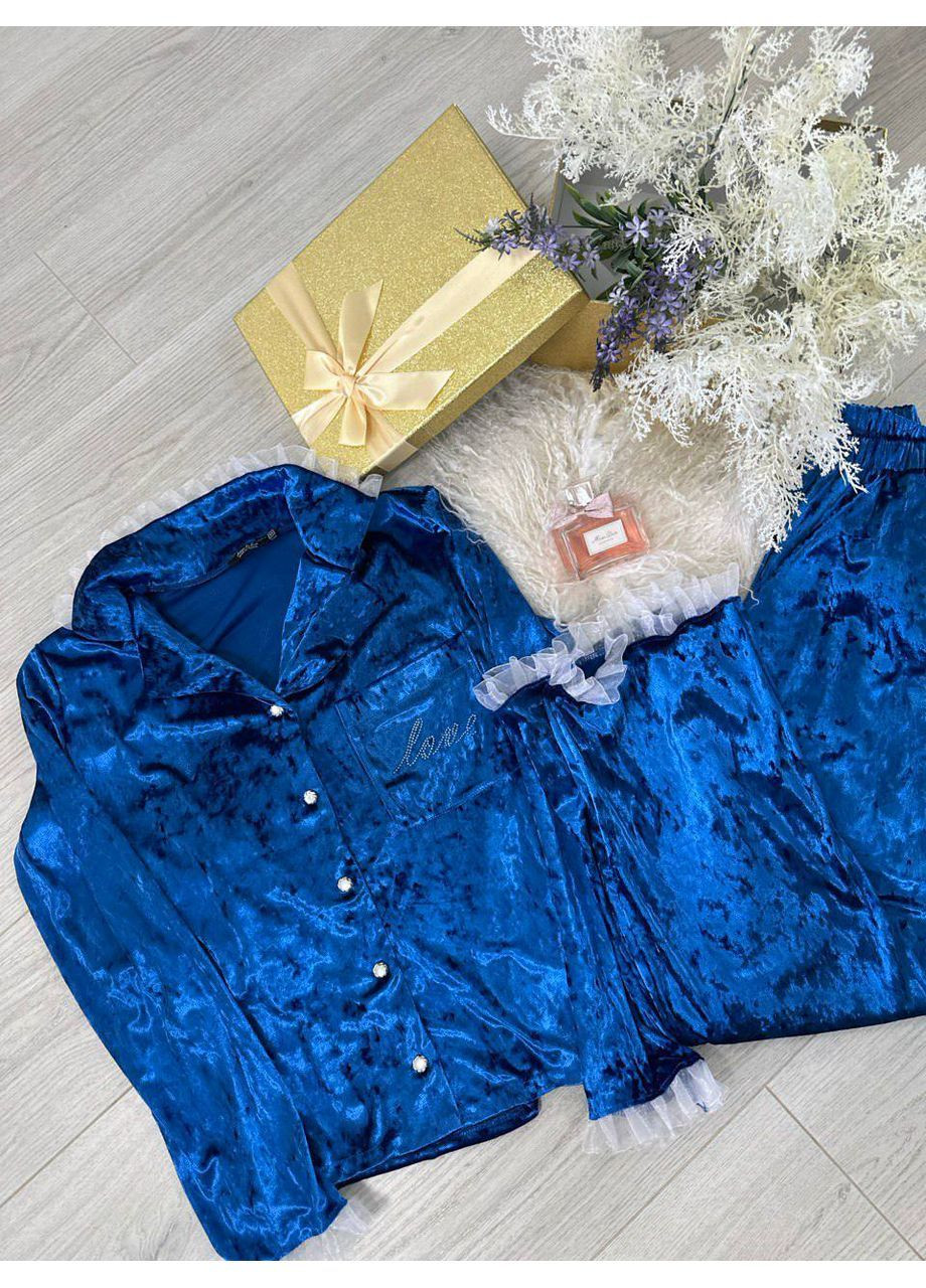 Синяя всесезон женская пижама рубашка + брюки No Brand