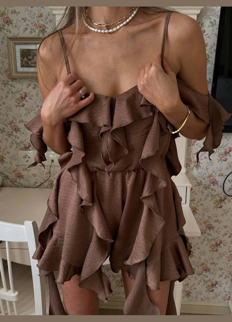 Сатиновий комбінезон з воланами Україна комбінезон-шорти однотонний коричневий святковий, повсякденний, кежуал, коктейльний сатин