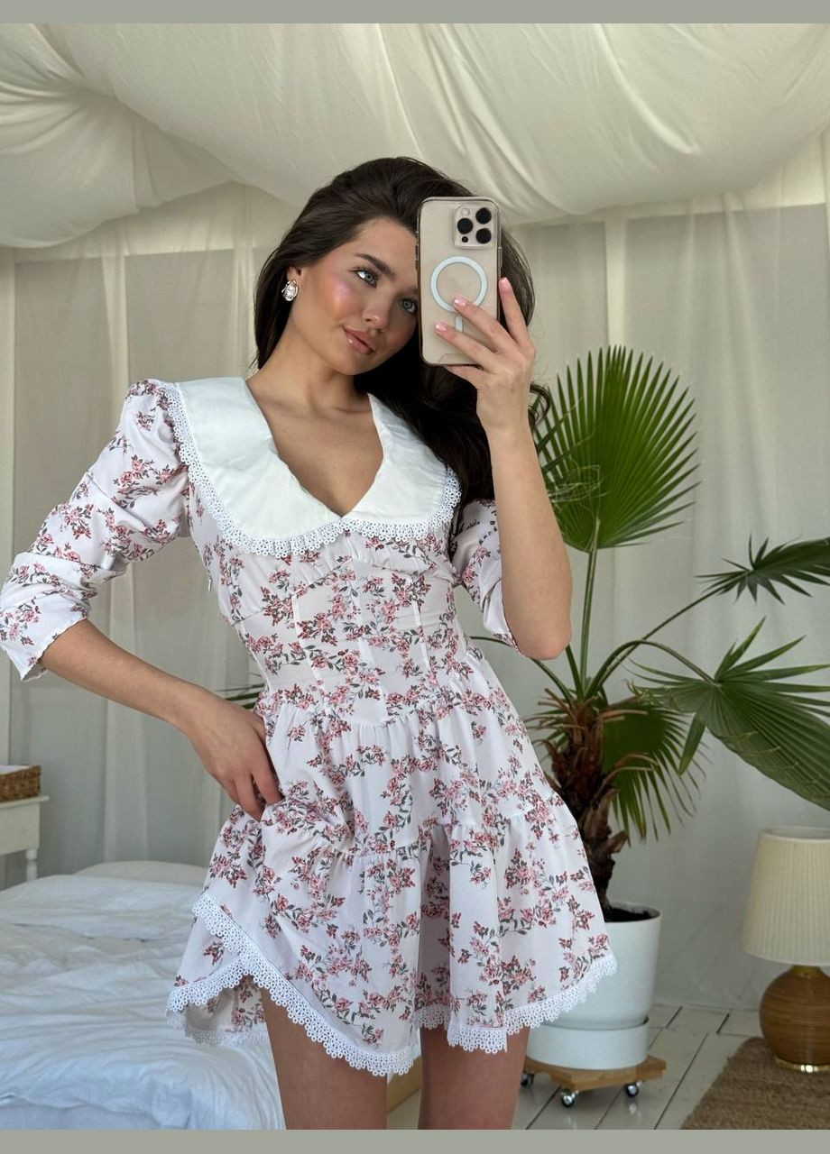 Молочное повседневный, праздничный платье женское корсетное с цветочным принтом Avanti с цветочным принтом