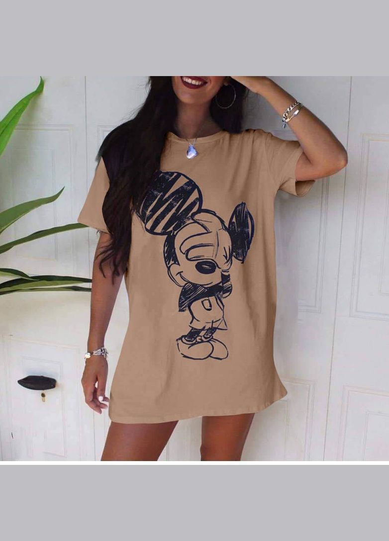 Бежевое платье-туника оверсайз с качественным накатом. Україна с рисунком