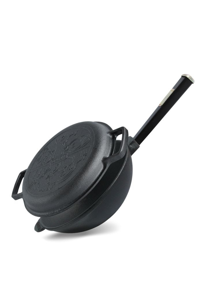 Чугунная сковорода с деревянной ручкой Black и чугунной крышкой-сковородкой WOK 2,2 л. Brizoll (363830769)