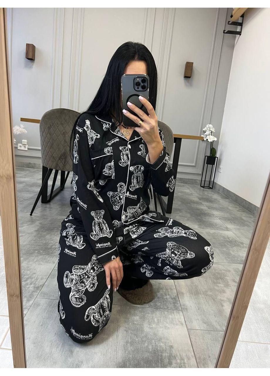 Черная всесезон женская пижама рубашка + брюки No Brand