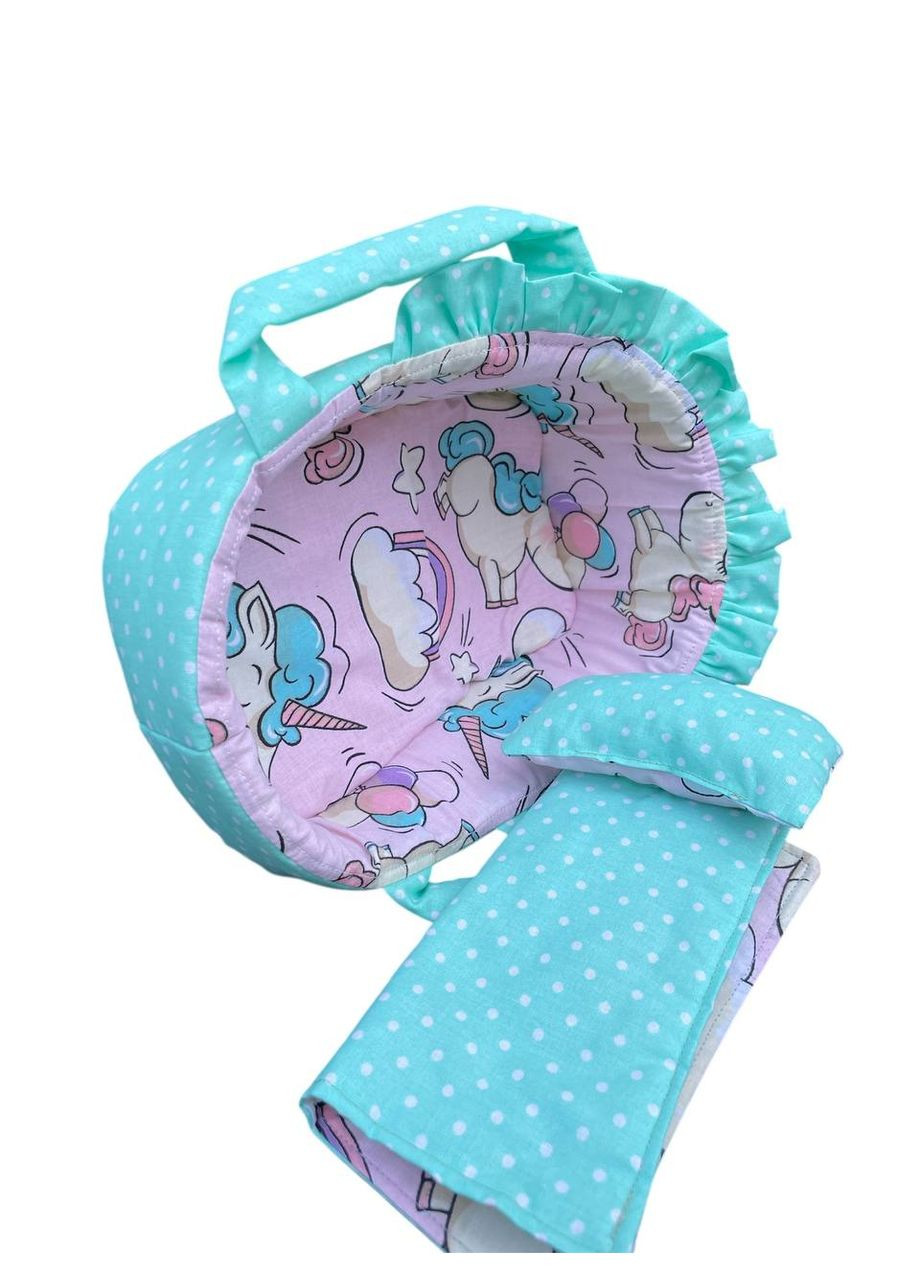 Колиска для ляльки до 22 см м'ятна с рожевими одноріжками 403 No Brand колиска ліжечко переноска (347637759)