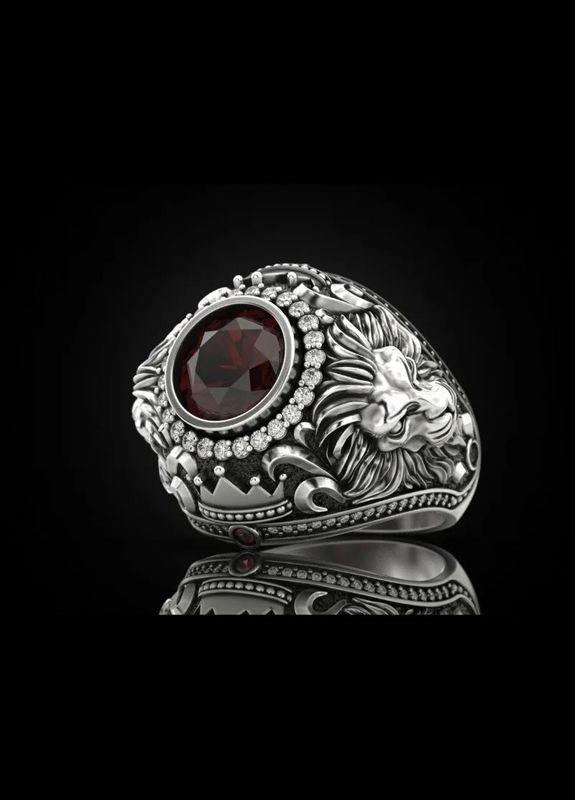 Мужское кольцо с изображением головы льва и крупным красным камнем, серебристое, 21 размер Liresmina Jewelry (340111556)