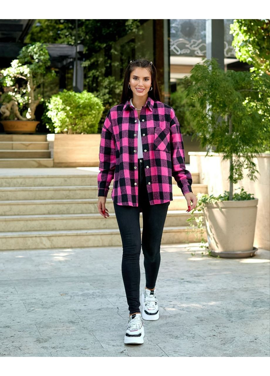 Розовая повседневный рубашка в клетку DK/DL Мода без кордонів с длинным рукавом