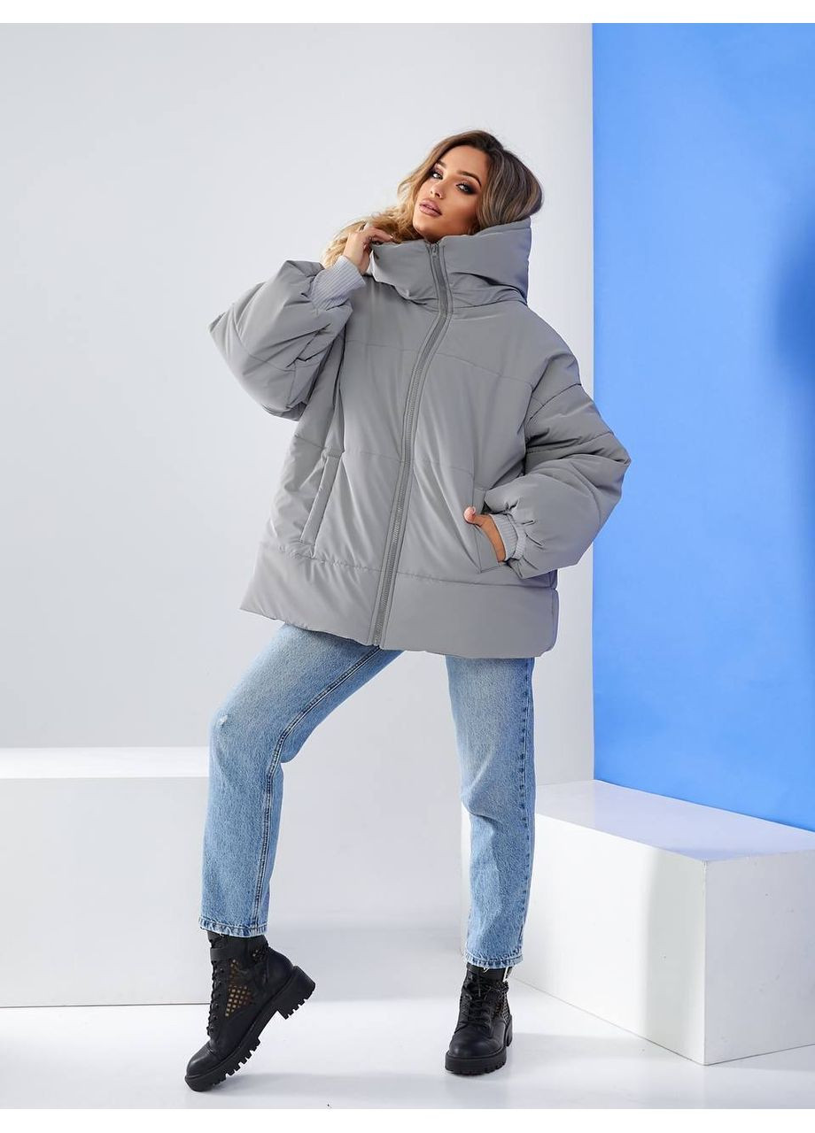 Серая зимняя женская зимняя куртка класса люкс с глубоким капюшоном и водоотталкивающей тканью — замеры в описании куртка-пальто Vione
