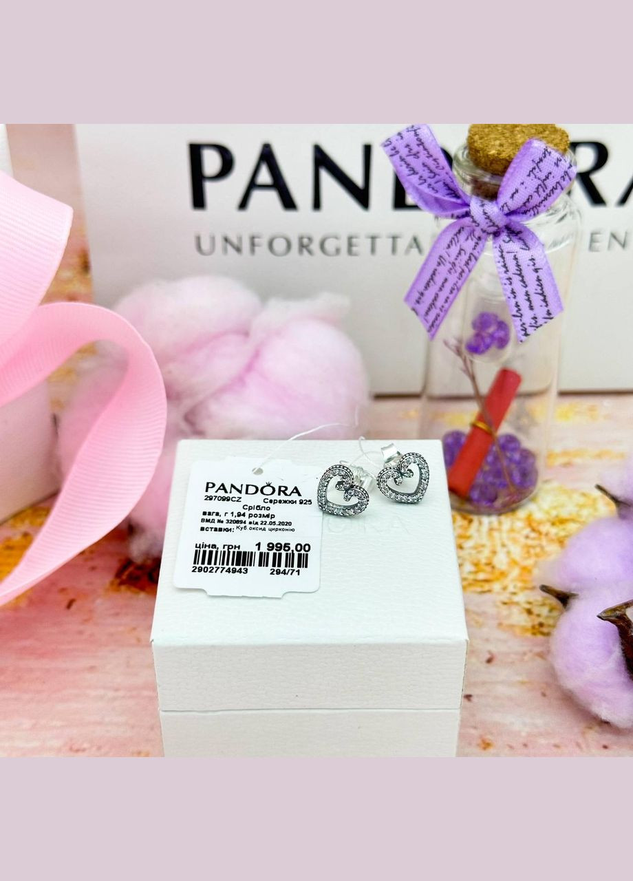 Срібні сережки «Ажурні серце» Пандора Pandora (317565206)