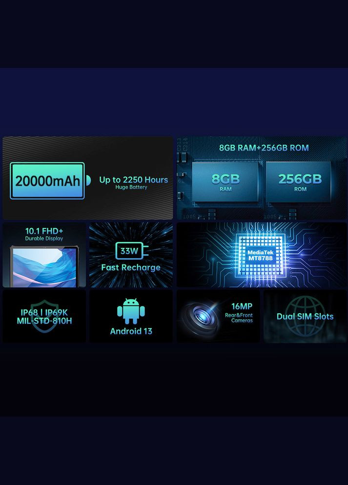 Планшет RT6 10.1" FHD+ 8GB/256GB/MT8788/20000mAh/16+16Мп/IP69K/NFC/LTE Orange Oukitel (315603062)