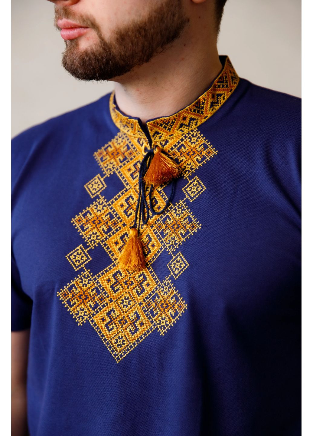Синяя мужская футболка вышиванка бажан синяя с золотистым Galychanka (365251268)