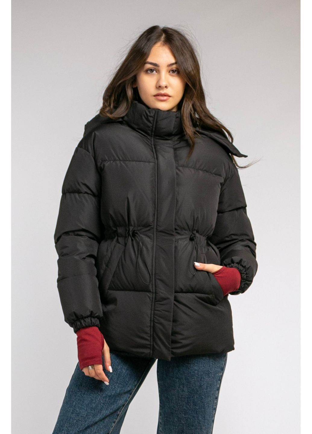 Чорна куртка зимова подовжена на затяжках ds CHICLY