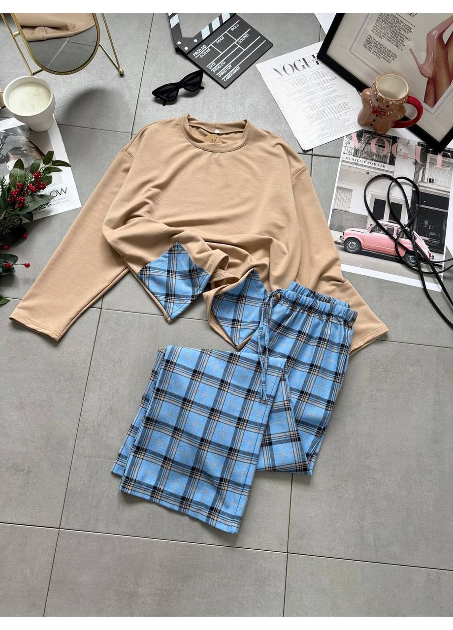 Голубая всесезон женская пижама лонгслив + брюки No Brand