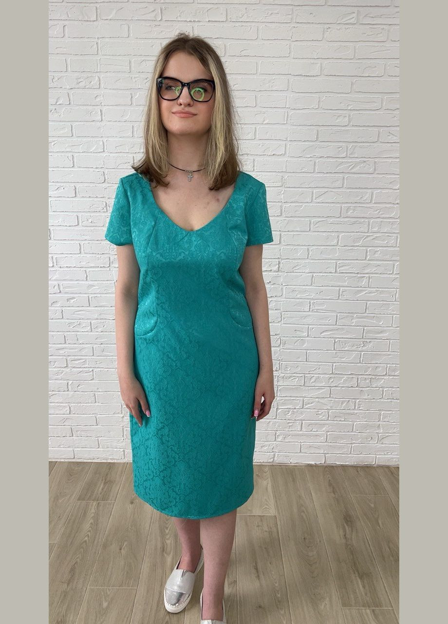 Бирюзовое повседневный, кэжуал бирюзовое жаккардовое летнее женское платье-футляр миди с узором с цветочным принтом платье-футболка, футляр No Brand с цветочным принтом