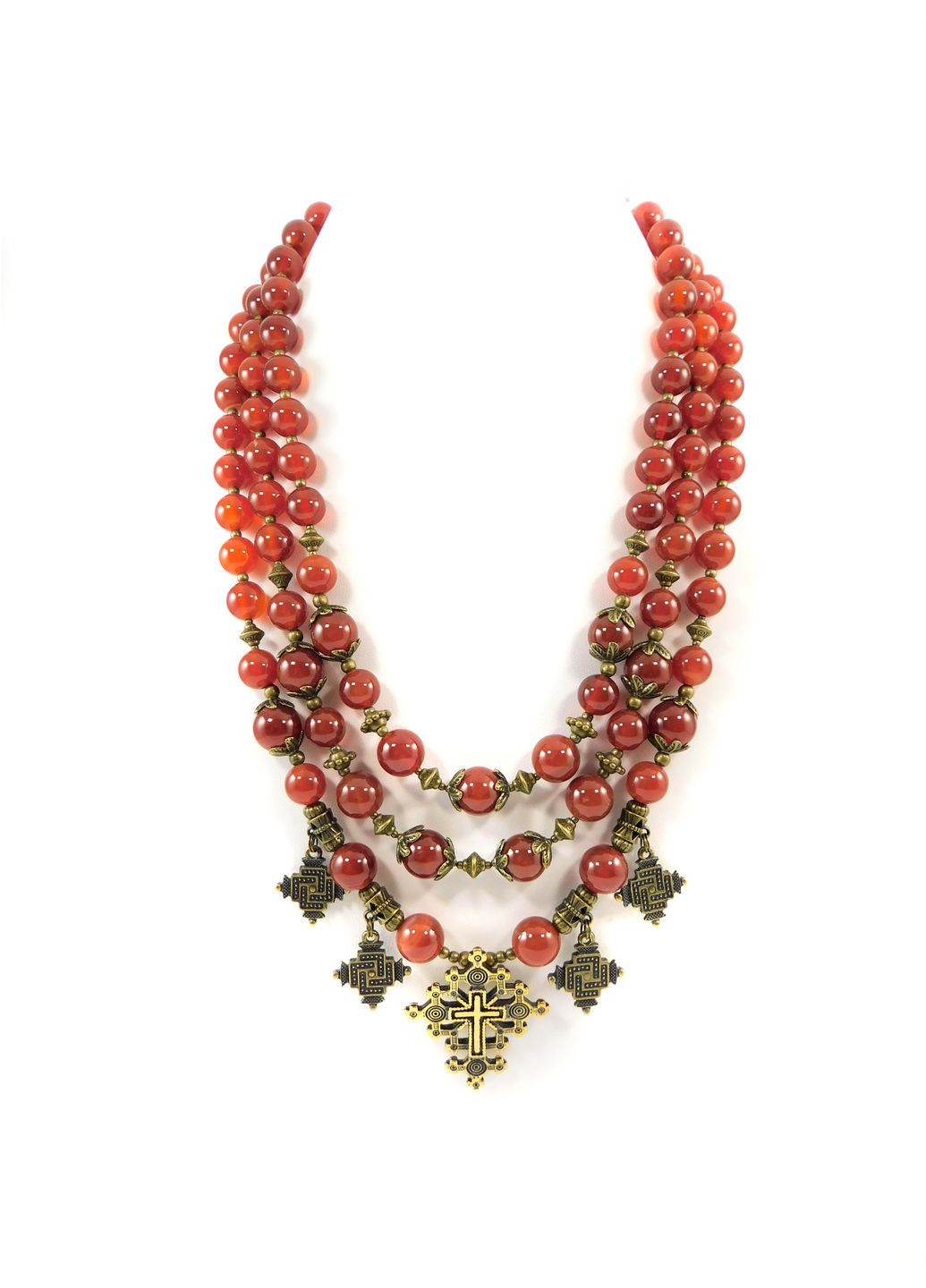 Эксклюзивные бусы "Всеслава 2" Сердолик сфера, 3 рядное Fursa fashion (322313442)