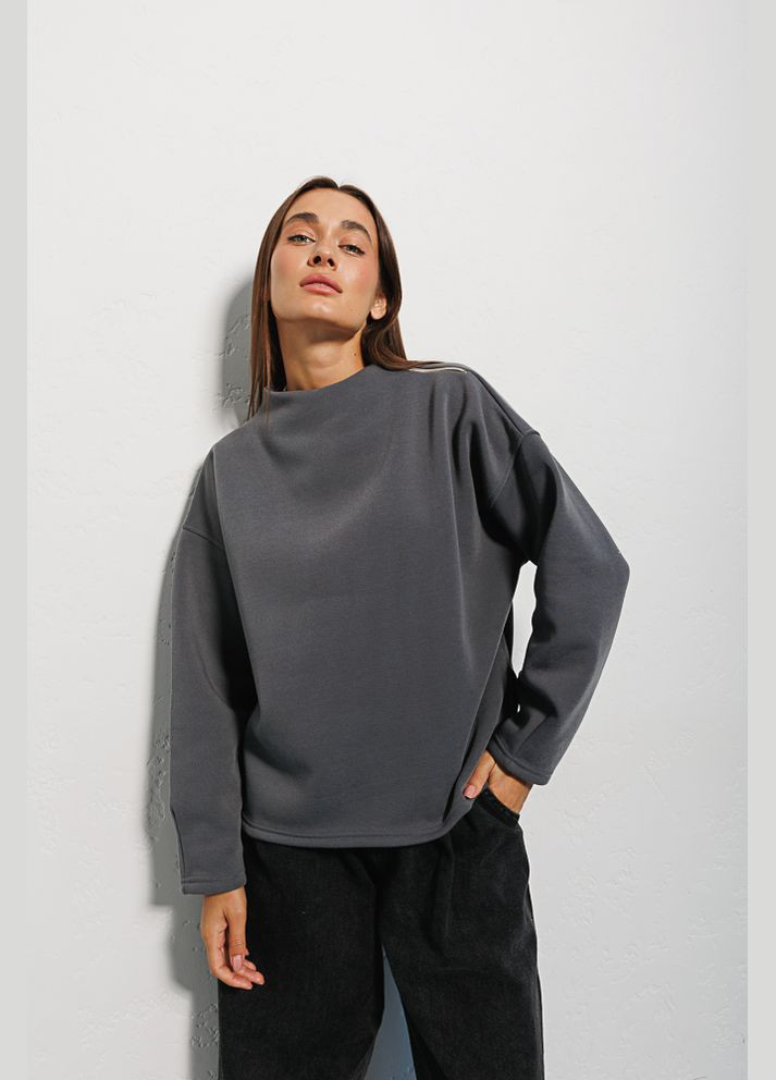 Серый женский теплый свитшот черный с молнией на плече Arjen (294907012)