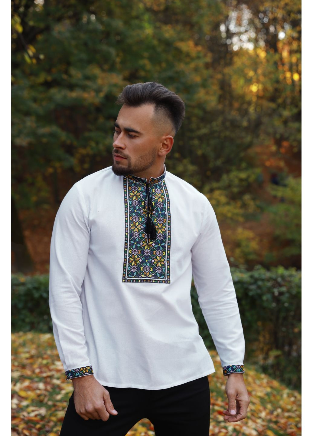 Біла біла чоловіча лляна вишиванка з орнаментом гуцульські вітражі MOTYV візерунок орнамент льон (362003525)