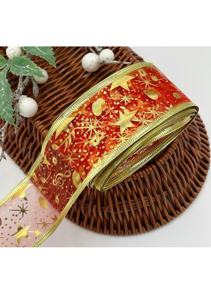 Лента новогодняя из органзы, проволочный край, 5 см, красная с золотом No Brand (369503078)