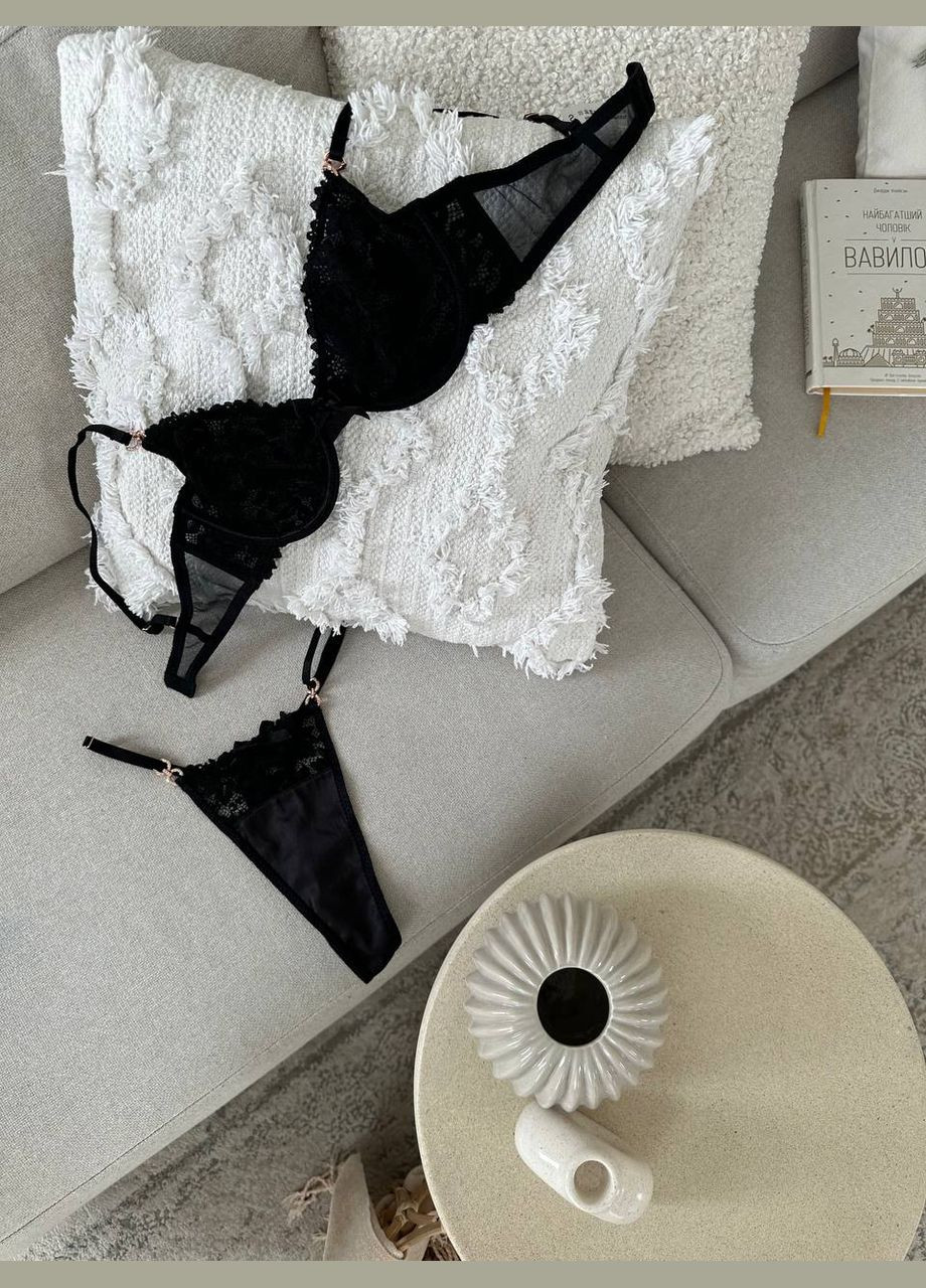 Чорний демісезонний вишуканий мереживний комплект No Brand