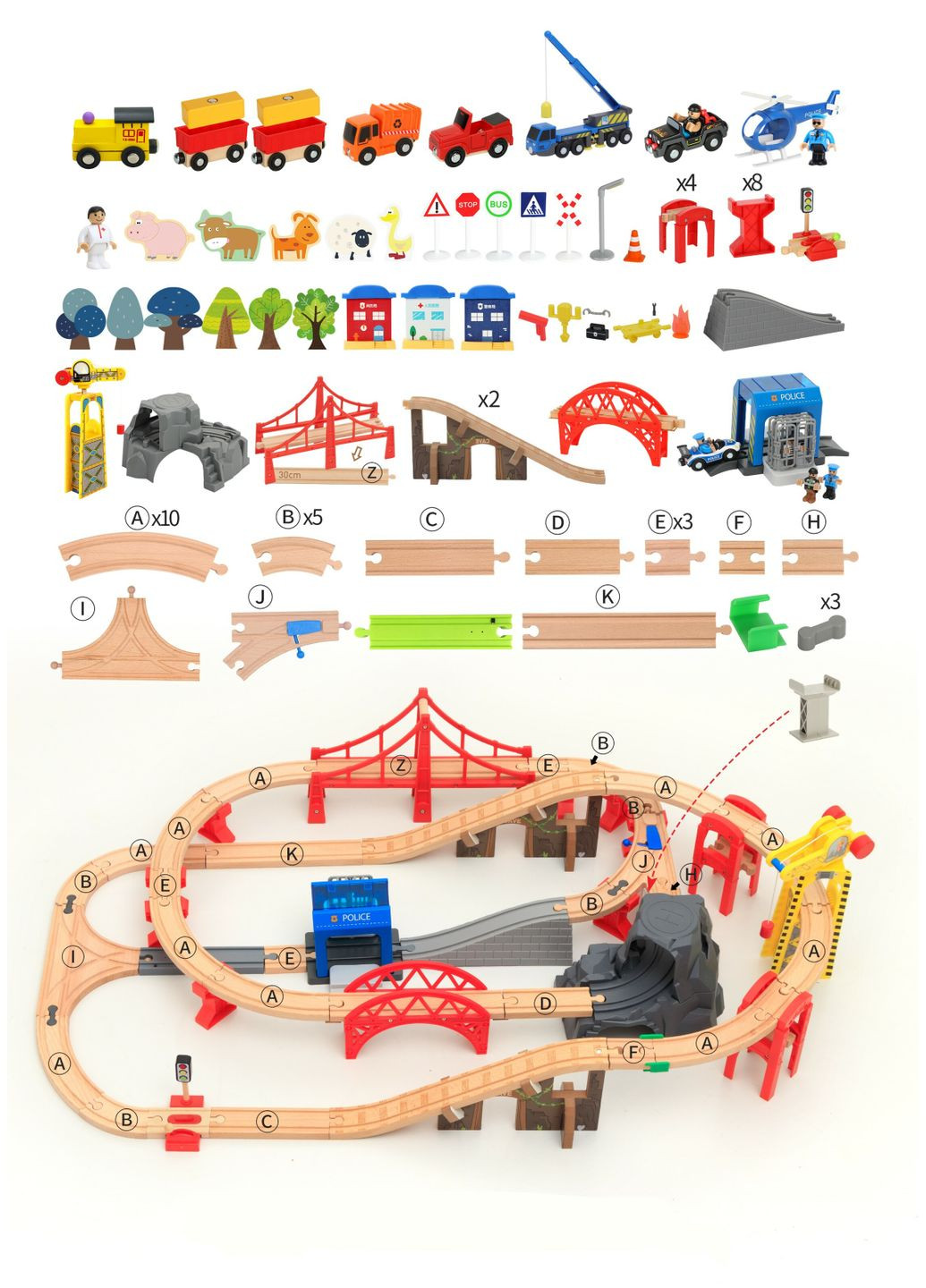 Дитяча іграшкова залізниця з дерева, 90 деталей, 102x65 (Brio, Ikea, Playtive), Електро локомотив Iekool (322280471)