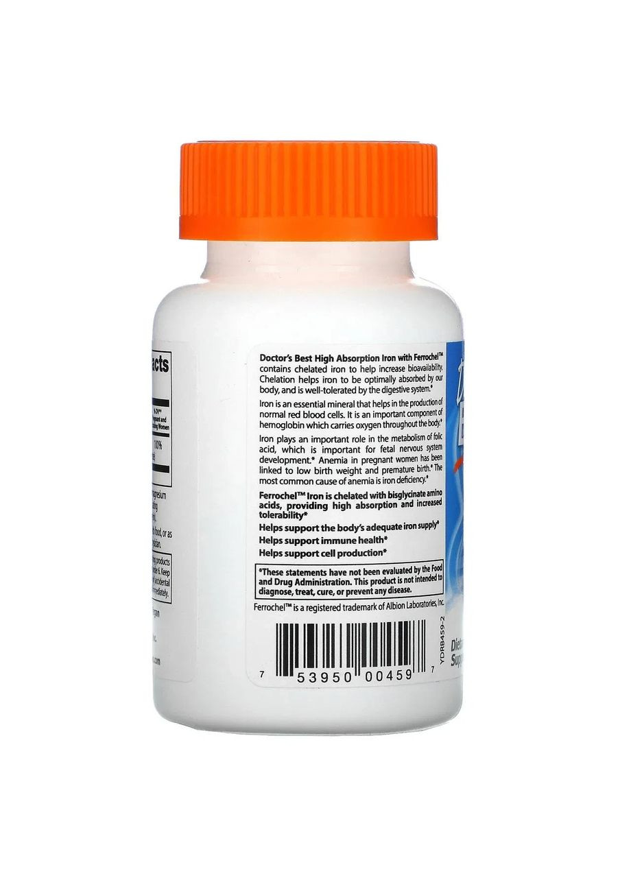 Легкозасвоюване залізо High Absorption Iron Chelated with Ferrochel, 27 мг, 120 таблеток Doctor's Best (371809955)