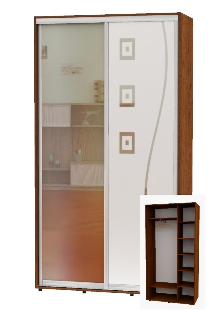 Шкаф-купе двухдверный 100*45*230 Орех лесной Зеркало/Зеркало с пескоструйным рисунком Алекса (360472631)