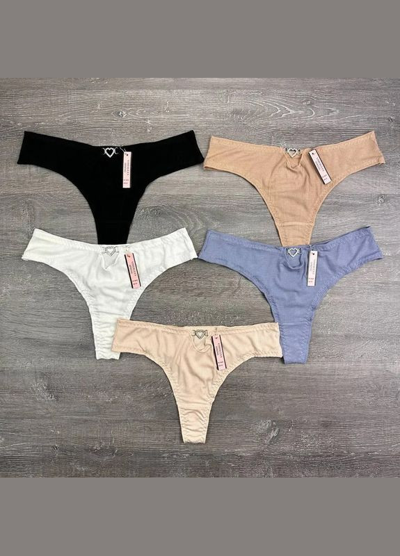 Жіночі бавовняні стрінги в рубчик з високою посадкою та фурнітурою-сердечком 5 штук No Brand Стрінги (340268420)