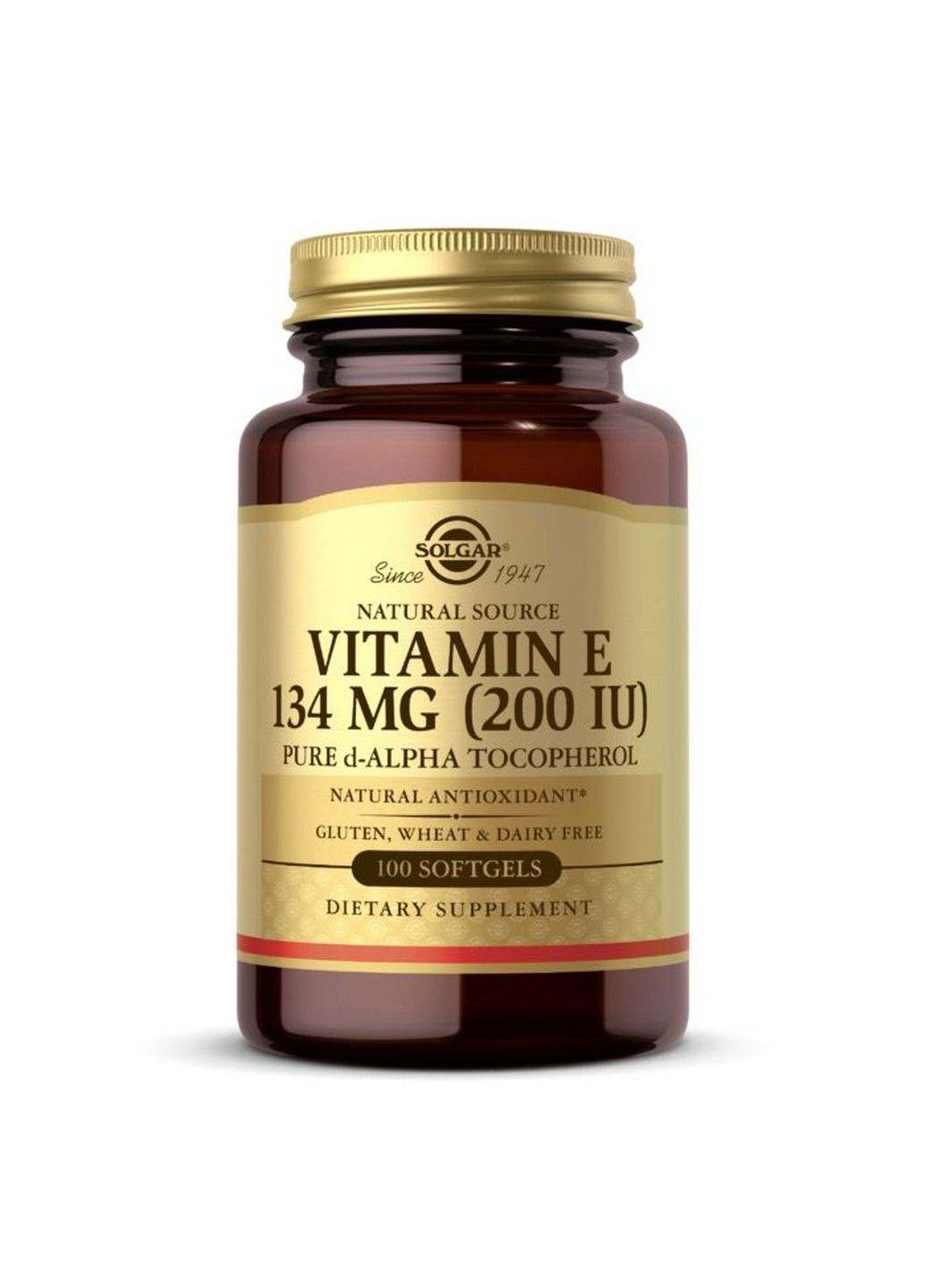 Витамины и минералы Vitamin E 134 mg (200 IU) Pure d-Alpha Tocopherol, 100 капсул Solgar (293339002)