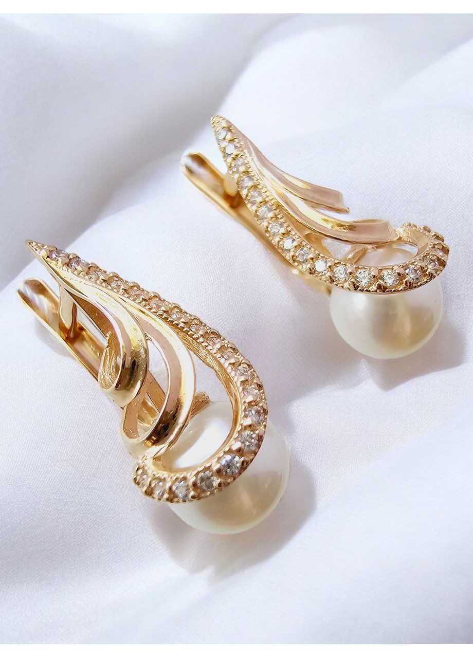 Золотые серьги с жемчугом и фианитами. Tango (354700142)