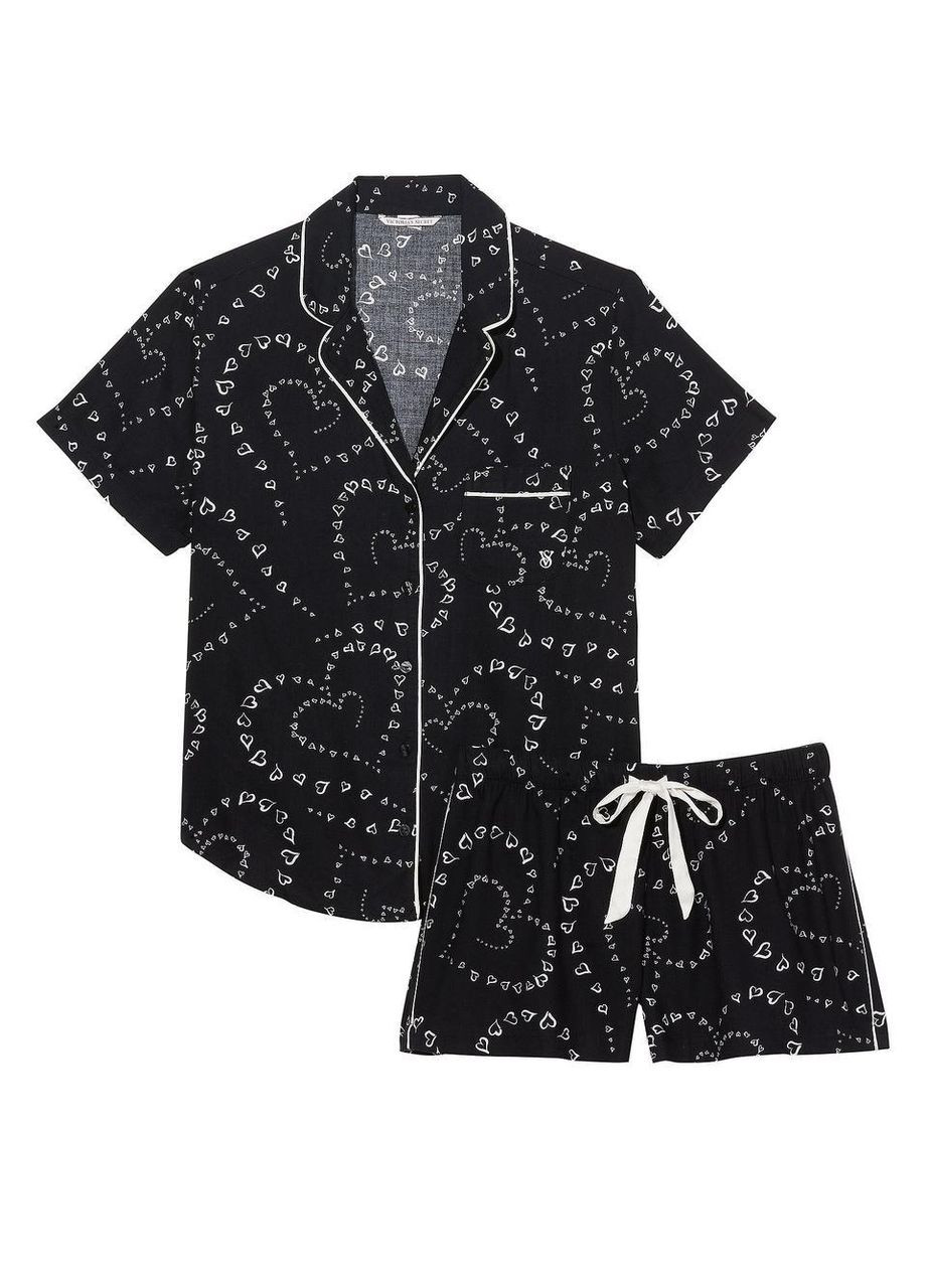 Чорна всесезон жіноча піжама (шорти+сорочка) flannel short pajama set black swirl hearts xs Victoria's Secret