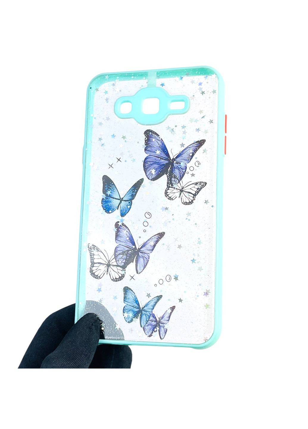 Чехол для Galaxy J7 2015 (SM-J700) с блёстками с бабочками на самсунг г7 2015 бирюзовый Samsung (366386089)