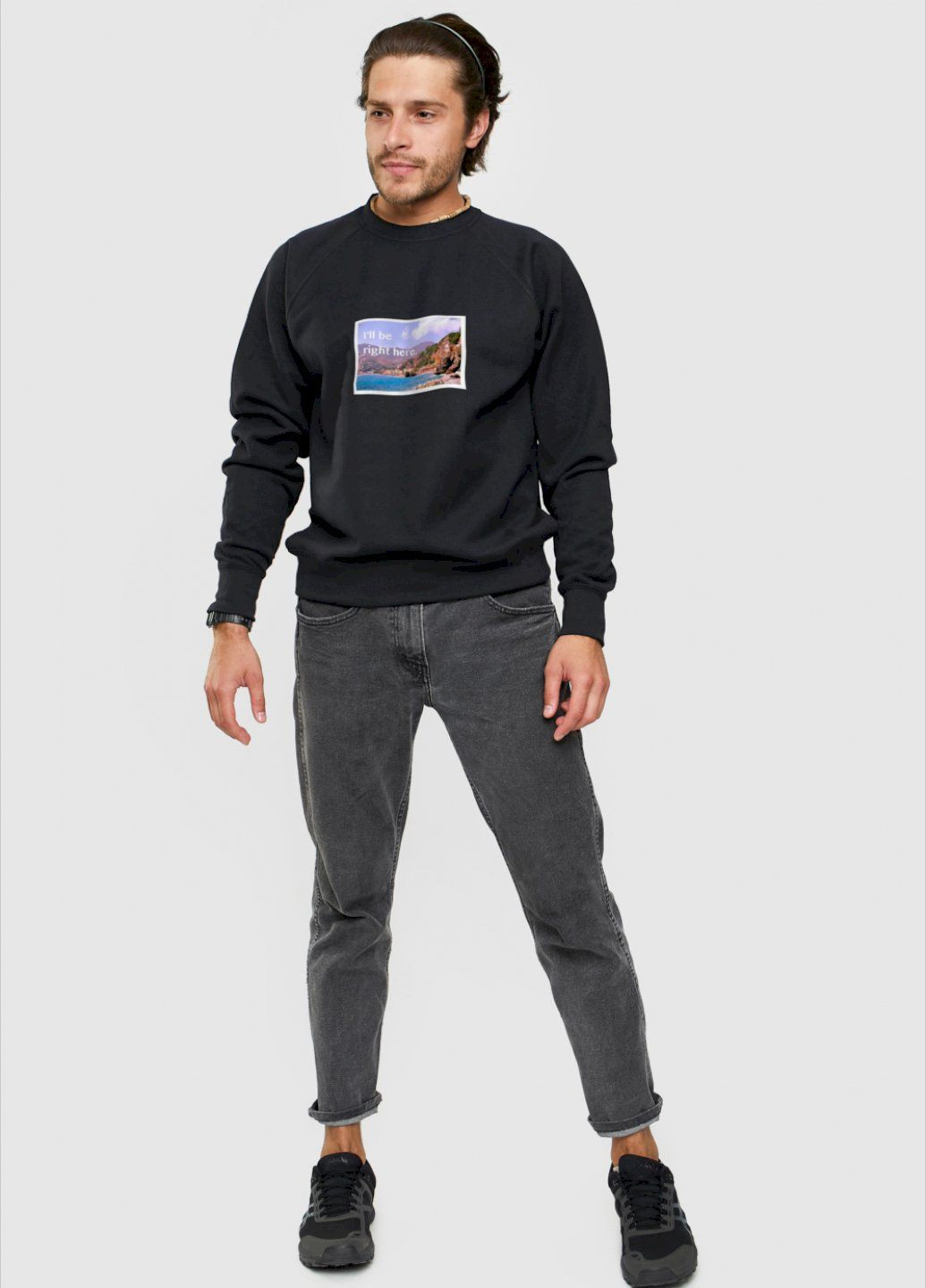 Черный свитшот мужской черный "i`ll be right here" YAPPI рисунок (303773113)