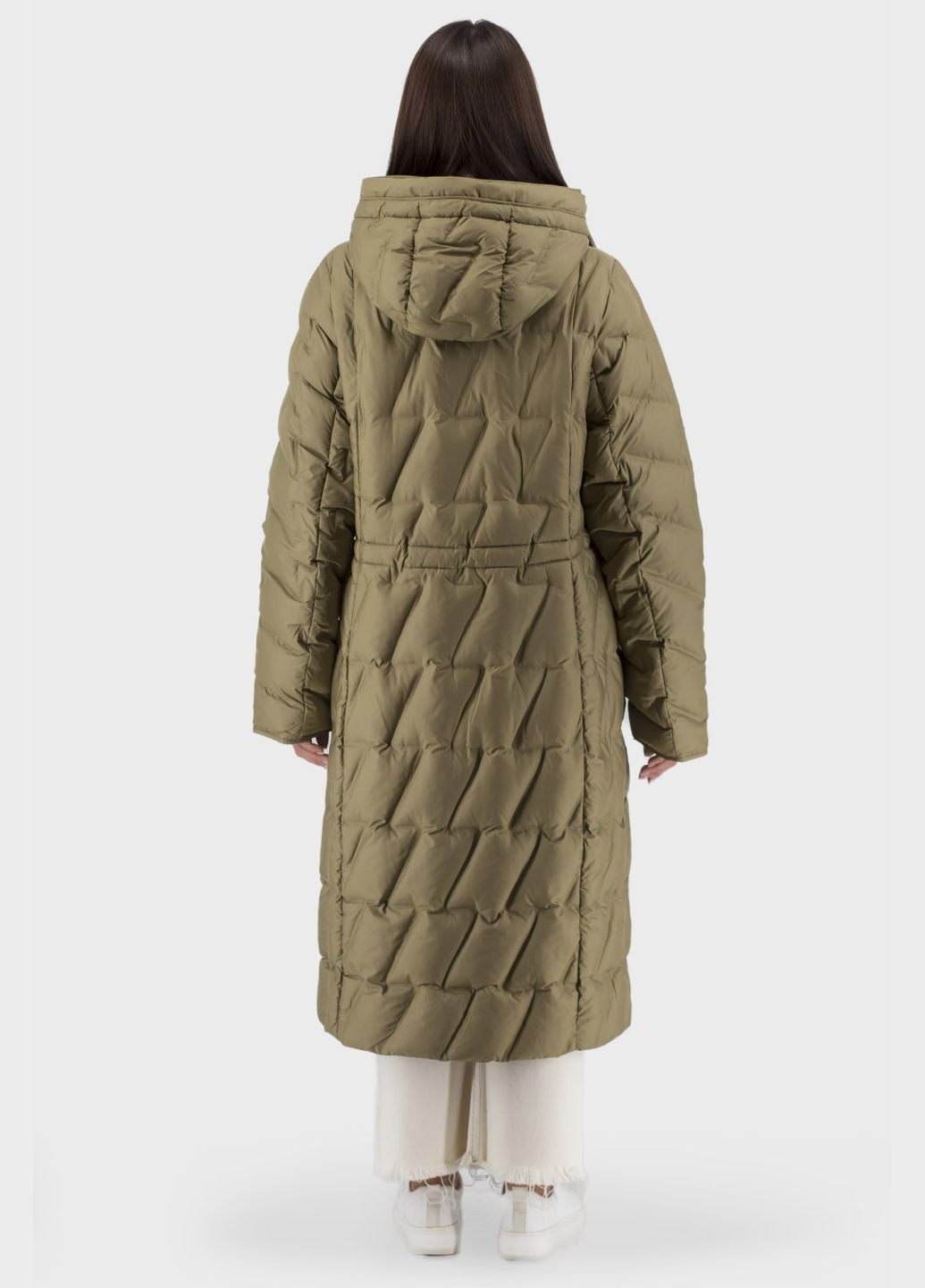 Оливковое демисезонное Длинное женское стеганное пальто на синтепоне, с капюшоном и воротником-стойкой, casual стиль Snow Owl (, ), 37641 No Brand