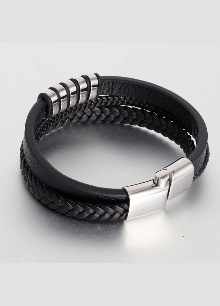Мужской кожаный браслет плетеный, черный с серебристыми вставками. No Brand (328251243)