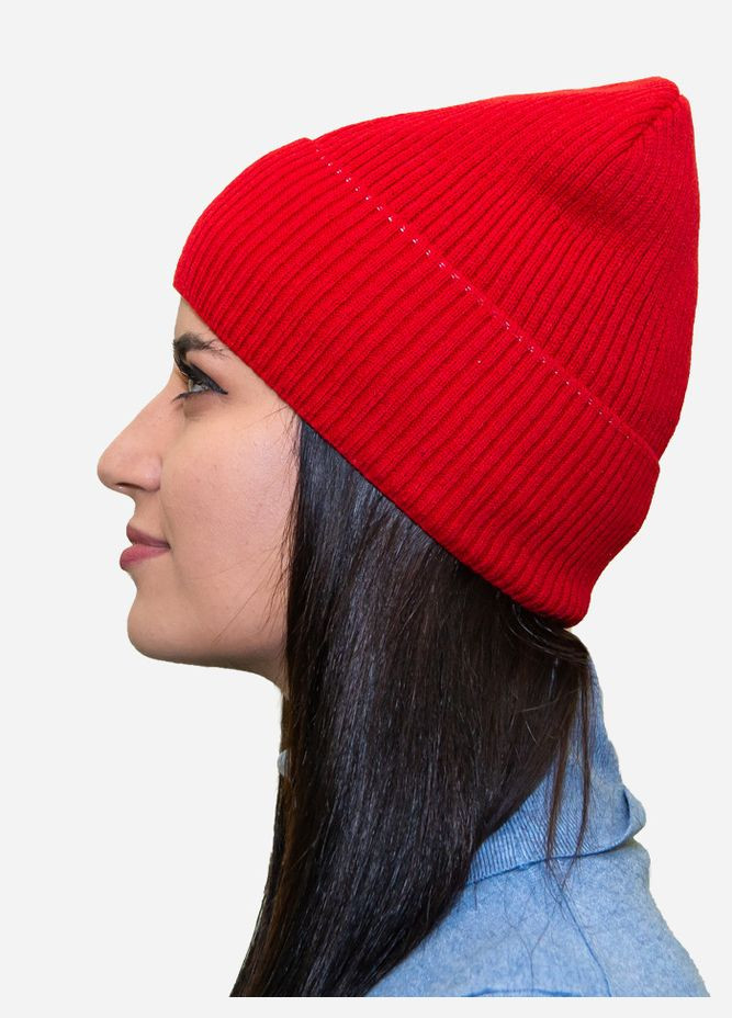 Женская вязаная шапка зимняя теплая стильная высокая бини в рубчик Red красная Лео (276256618)