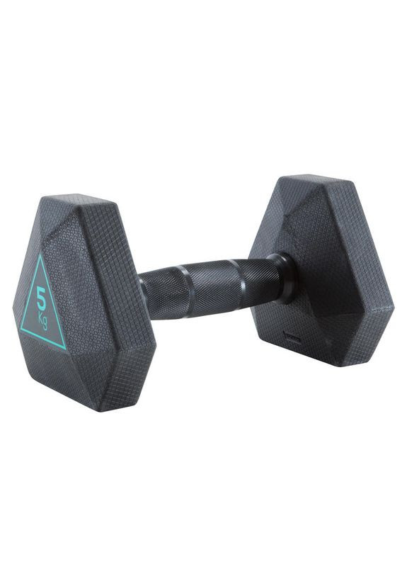 Шестигранная Гантель 5 кг (Д 22,5 В12 Длина ручки 3,4 см) для Силовых Тренировок Резиновая Обтяжка Domyos (342966602)