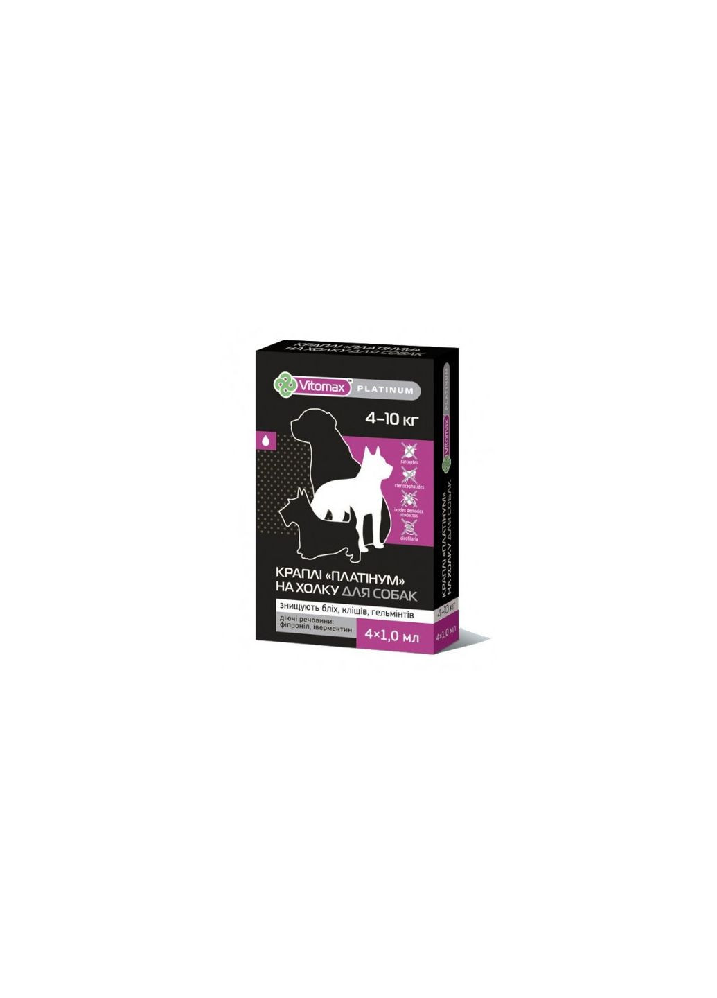 Vitоmax PLATINUM краплі на холку від бліх, кліщів, гельмінтів для собак середніх порід 410 кг ПЛАТІНУМ, 4х1 мл Vitomax (278308825)