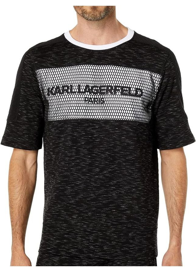 Черная мужская футболка Karl Lagerfeld Paris Mens Contrast Fabric Mesh Logo T-Shirt Black