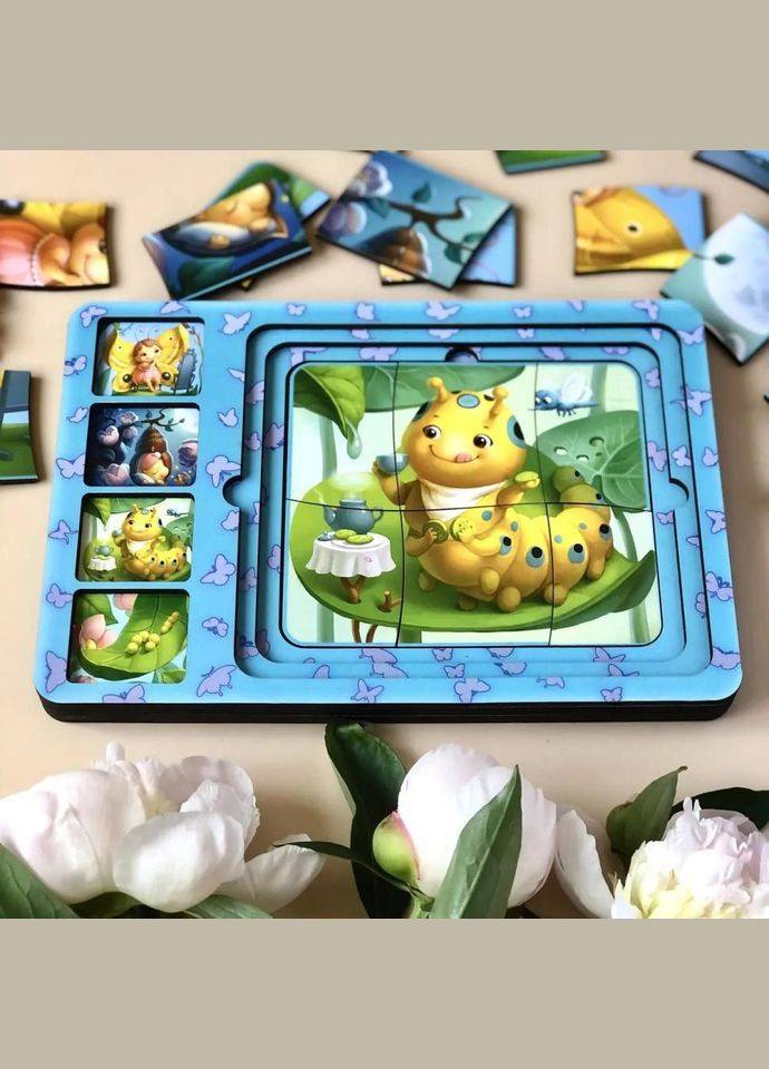 Дерев'яна настільна гра "Етапи розвитку метелика" Ubumblebees (ПСФ017) PSF017 сортер-пазл No Brand (330602930)