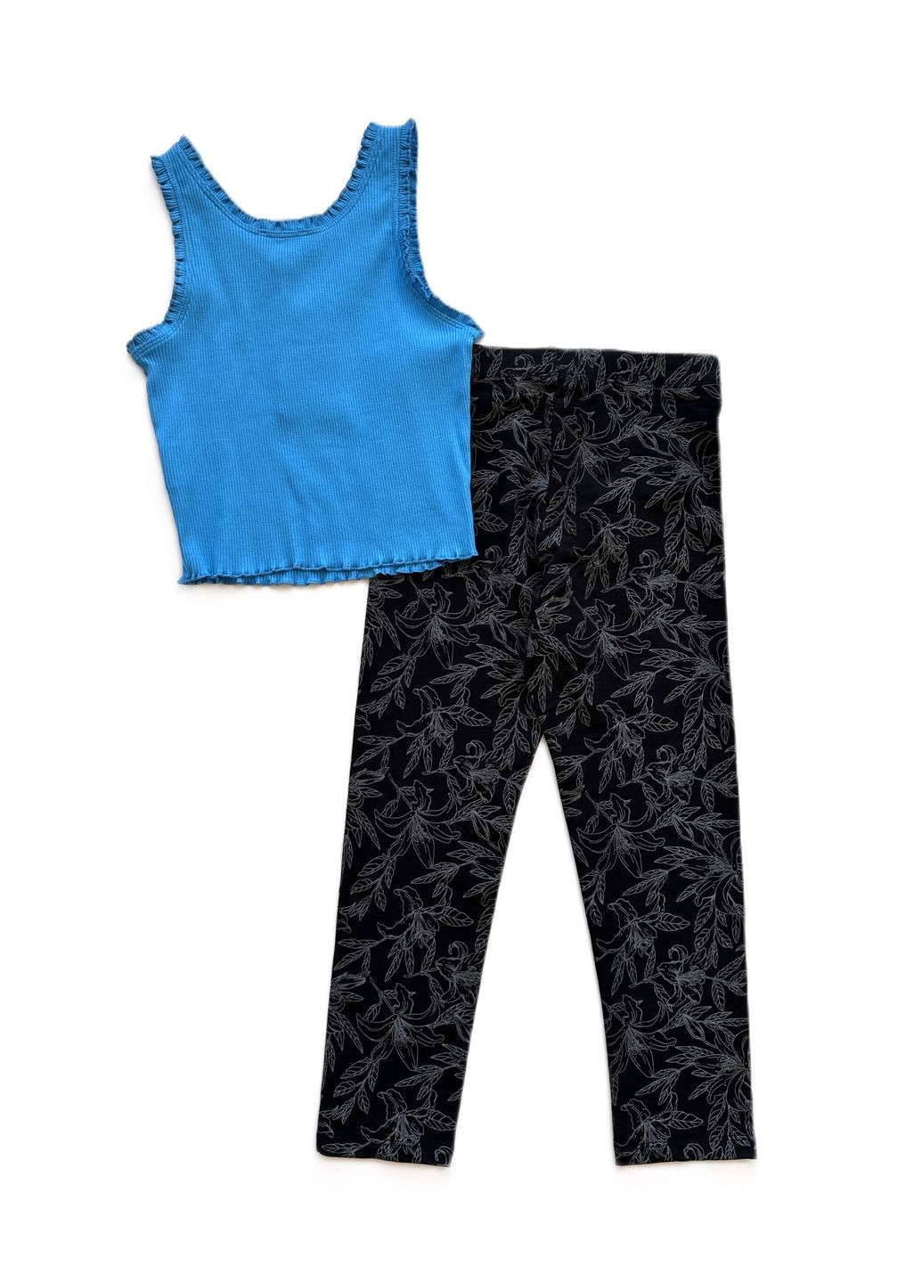 Бирюзовый летний комплект для девочки майка рубчик бирюзовый 2000-59 + леггинсы черные трикотажные 2000-62 (146 см) OVS